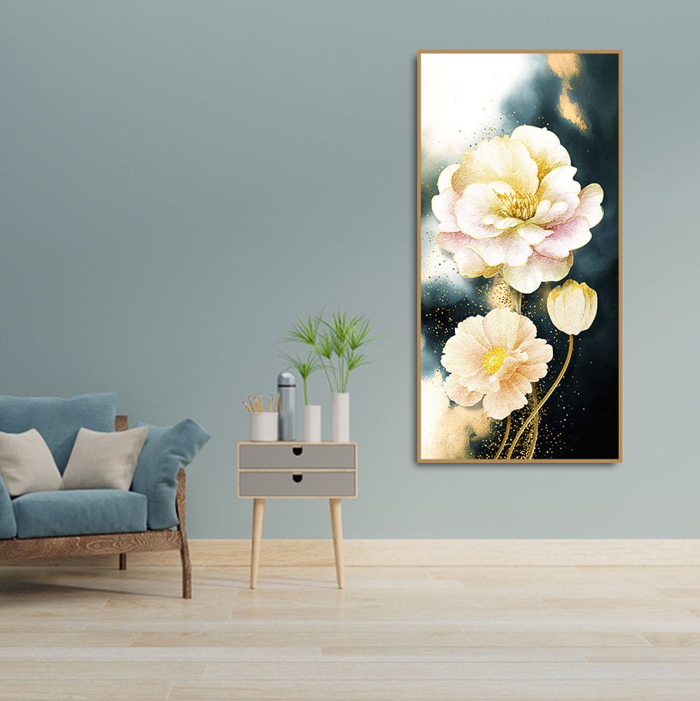 Golden Particles with White Flower Premium Canvas Wall Painting - Decor Smart