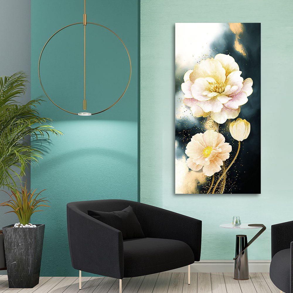 Golden Particles with White Flower Premium Canvas Wall Painting - Decor Smart