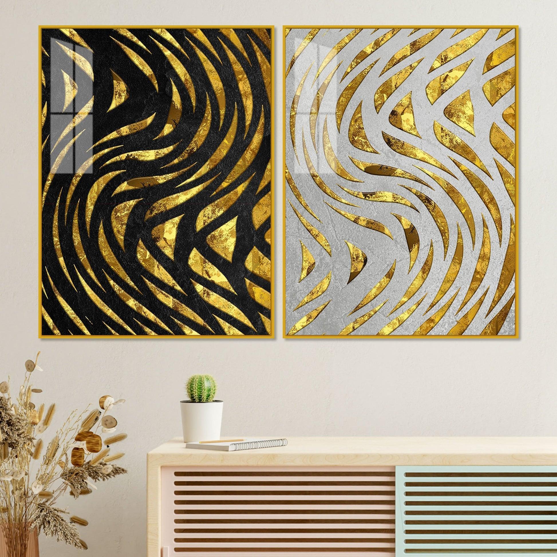 Golden Patterns Acrylic Floating Wall Painting Set of 2 - Decor Smart