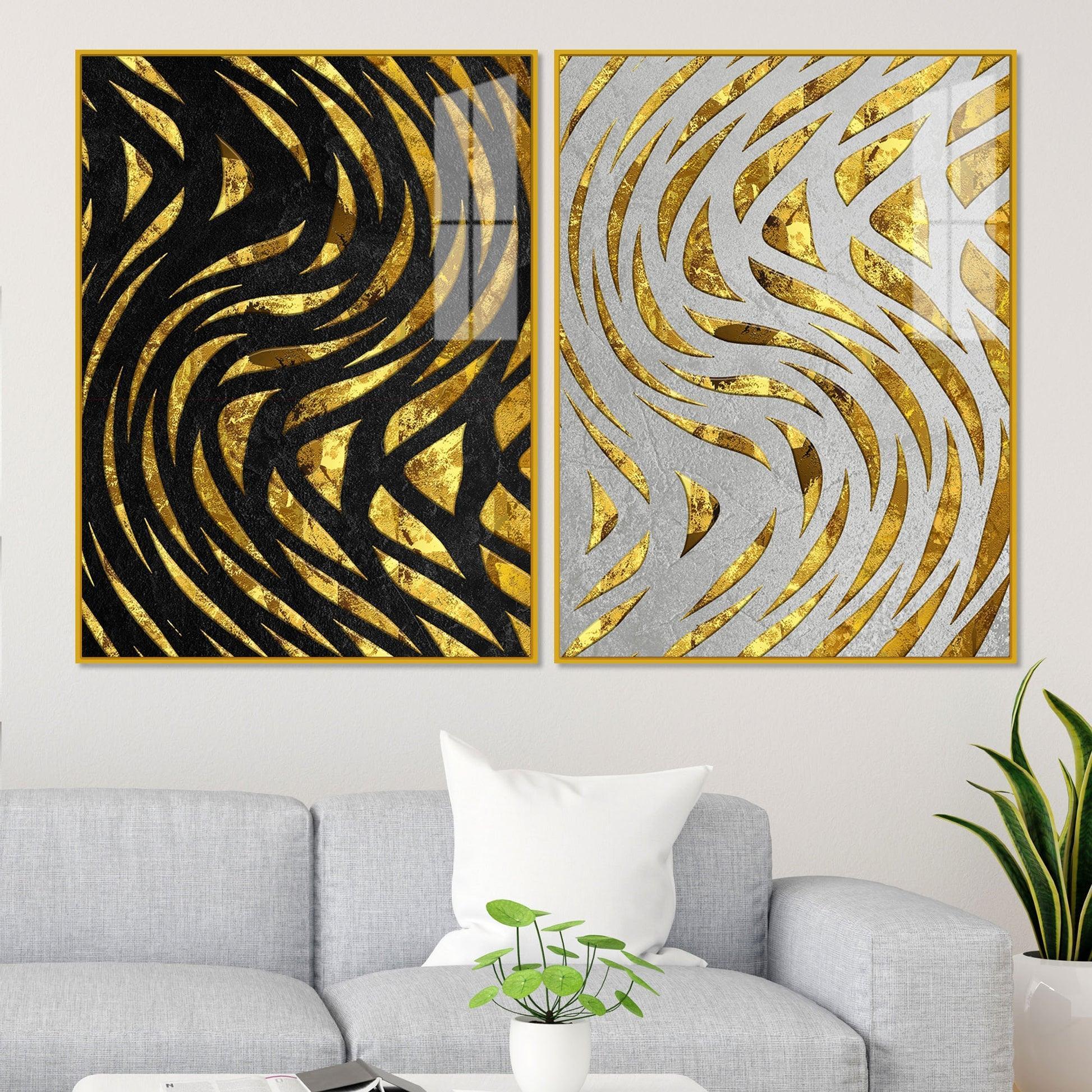 Golden Patterns Acrylic Floating Wall Painting Set of 2 - Decor Smart