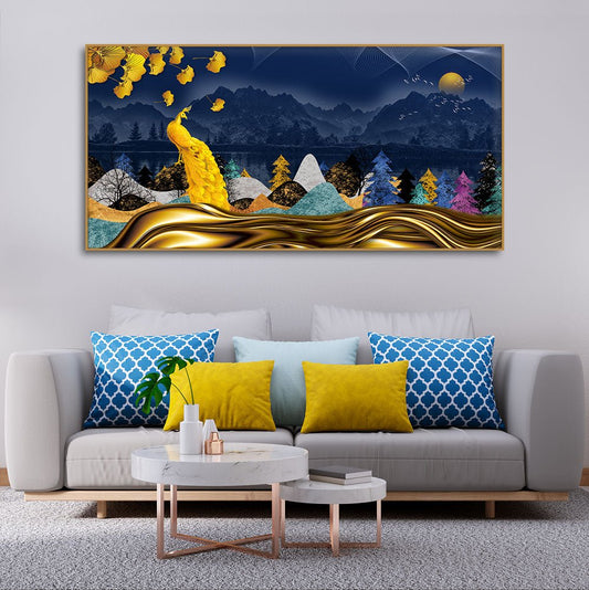 Golden Peacock in Dark Forest Premium Wall Painting - Decor Smart
