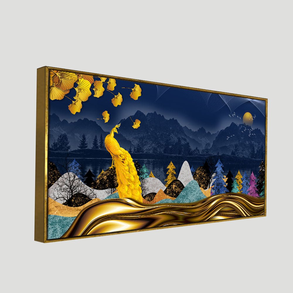 Golden Peacock in Dark Forest Premium Wall Painting - Decor Smart
