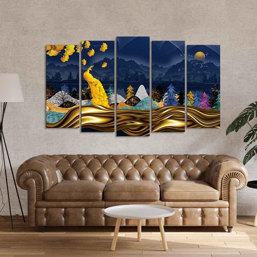Golden Peacock in Dark Forest Premium Wall Painting Set of 5 Pieces - Decor Smart