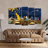 Golden Peacock in Dark Forest Premium Wall Painting Set of 5 Pieces - Decor Smart