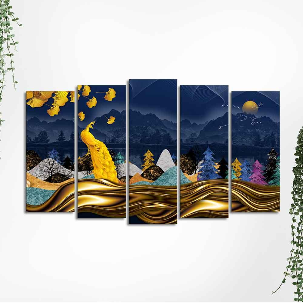Golden Peacock in Dark Forest Premium Wall Painting Set of 5 Pieces - Decor Smart