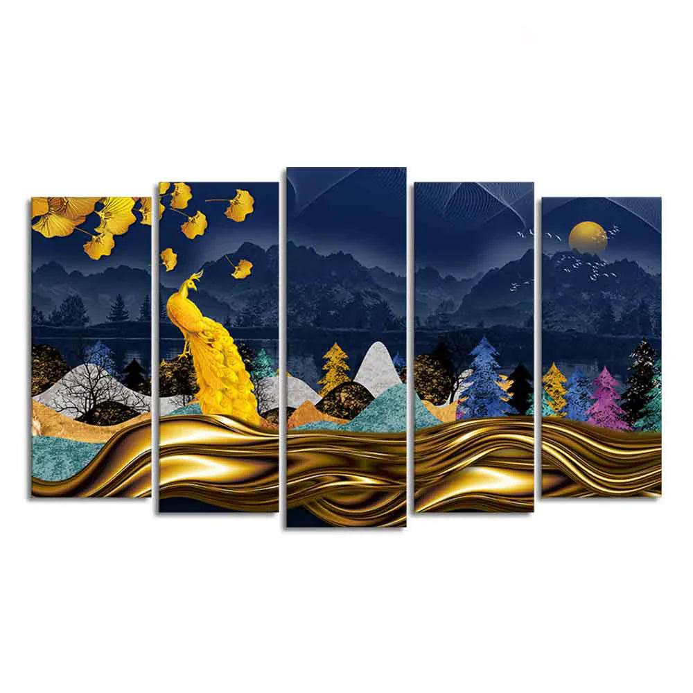 Golden Peacock in Dark Forest Premium Wall Painting Set of 5 Pieces - Decor Smart