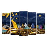 Golden Peacock in Dark Forest Premium Wall Painting Set of 5 Pieces - Decor Smart