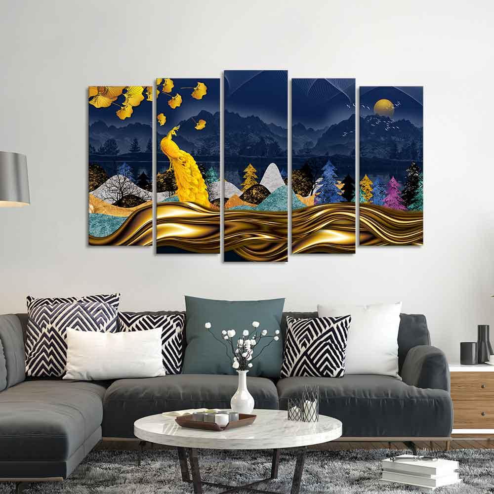 Golden Peacock in Dark Forest Premium Wall Painting Set of 5 Pieces - Decor Smart