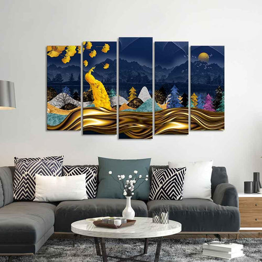 Golden Peacock in Dark Forest Premium Wall Painting Set of 5 Pieces - Decor Smart