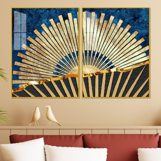 Golden Rising Sun Acrylic Floating Wall Painting Set of 2 - Decor Smart