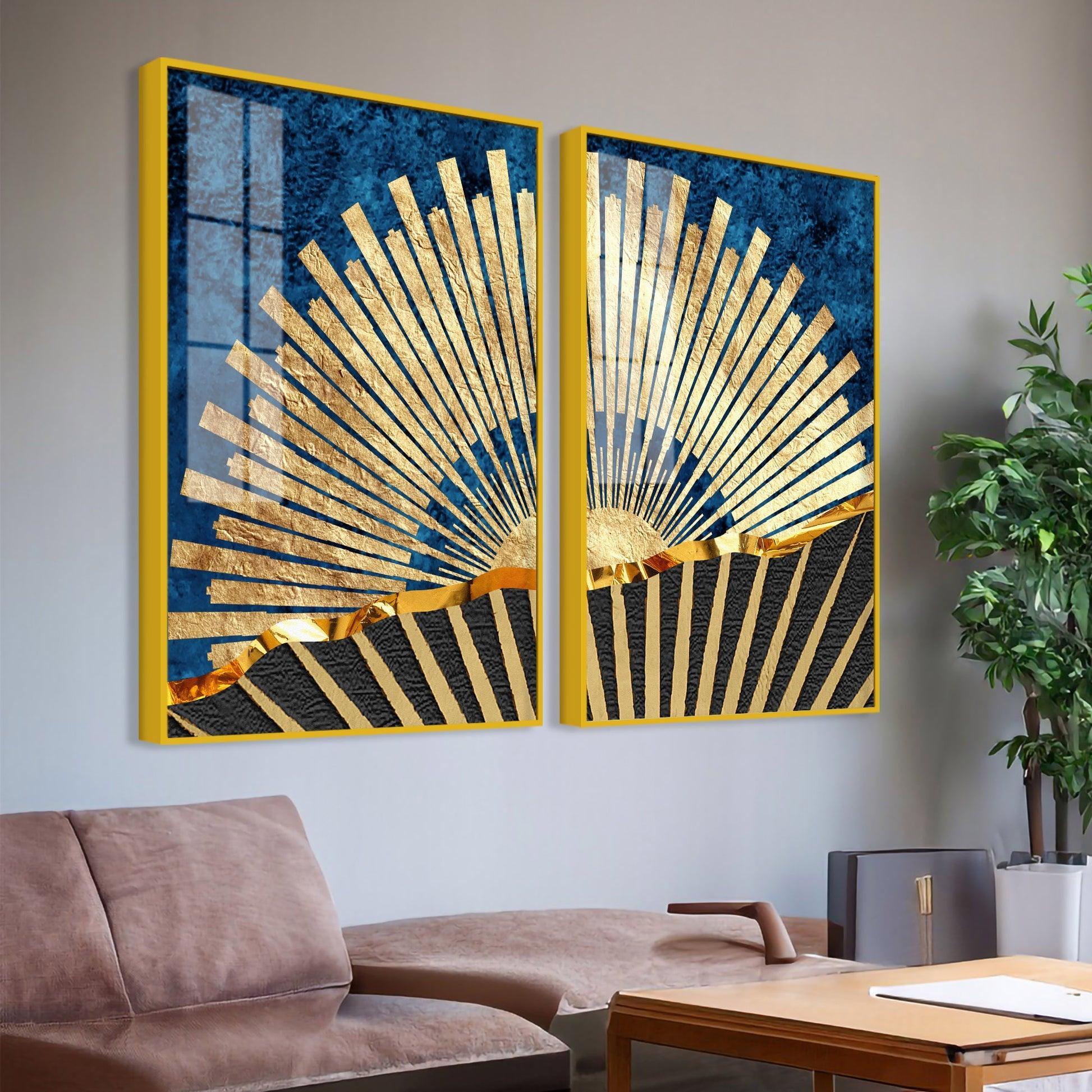 Golden Rising Sun Acrylic Floating Wall Painting Set of 2 - Decor Smart