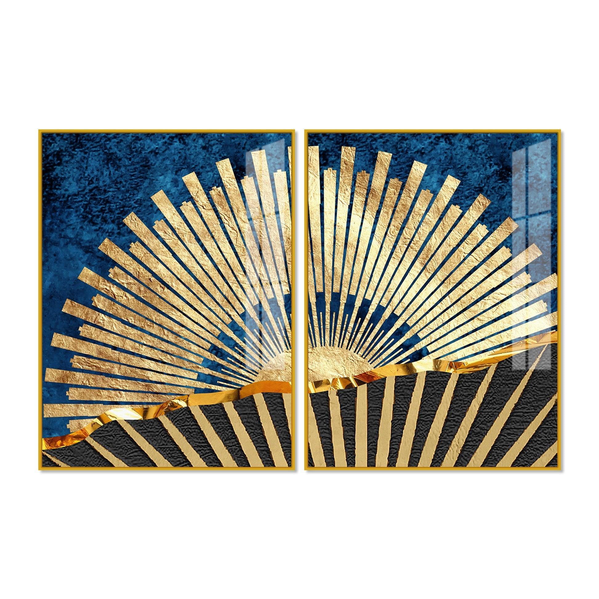 Golden Rising Sun Acrylic Floating Wall Painting Set of 2 - Decor Smart