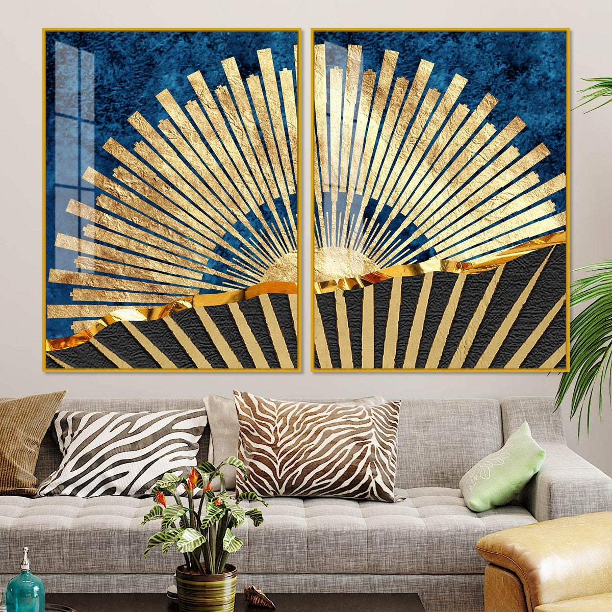 Golden Rising Sun Acrylic Floating Wall Painting Set of 2 - Decor Smart