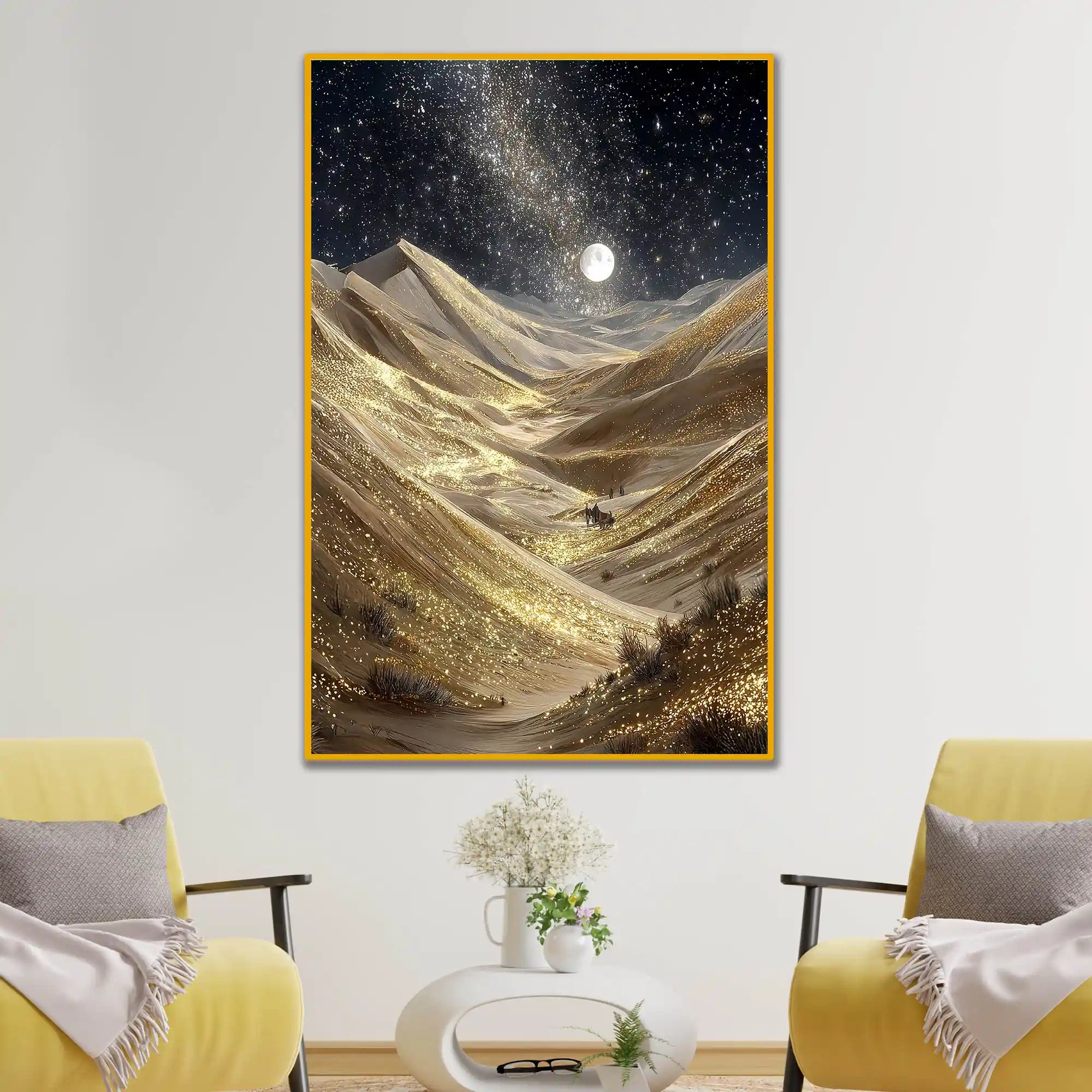 Golden Sand Dunes Under Moonlight Floating Frame Crystal Wall Painting