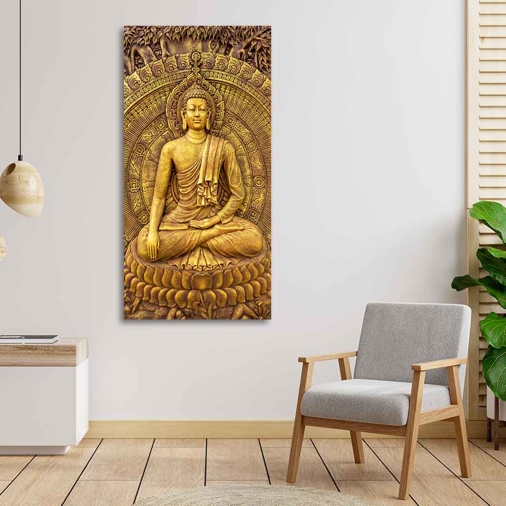 Golden Statue of Lord Gautam Buddha Canvas Wall Painting - Decor Smart