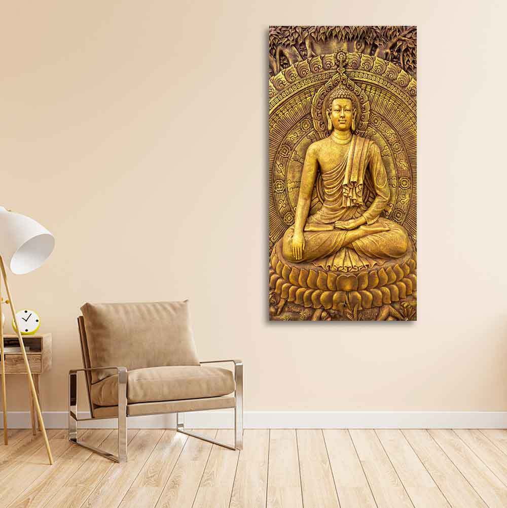 Golden Statue of Lord Gautam Buddha Canvas Wall Painting - Decor Smart