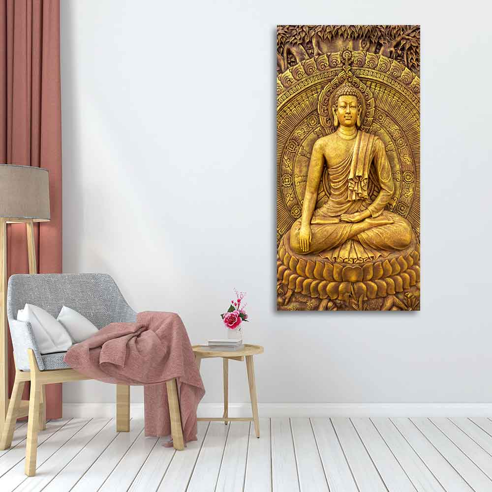 Golden Statue of Lord Gautam Buddha Canvas Wall Painting - Decor Smart