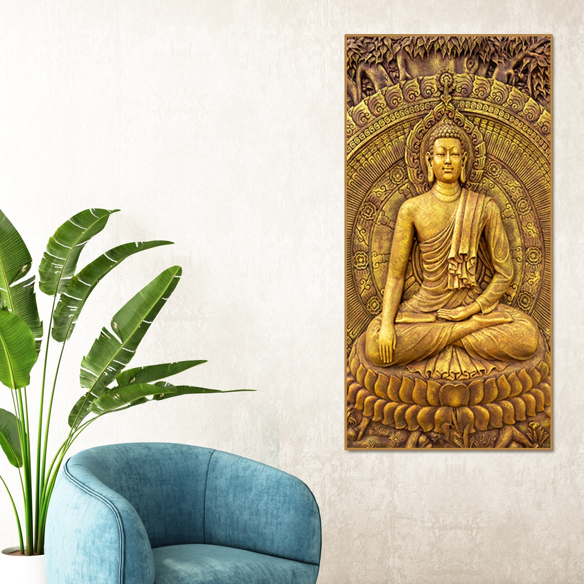 Golden Statue of Lord Gautam Buddha Canvas Wall Painting - Decor Smart