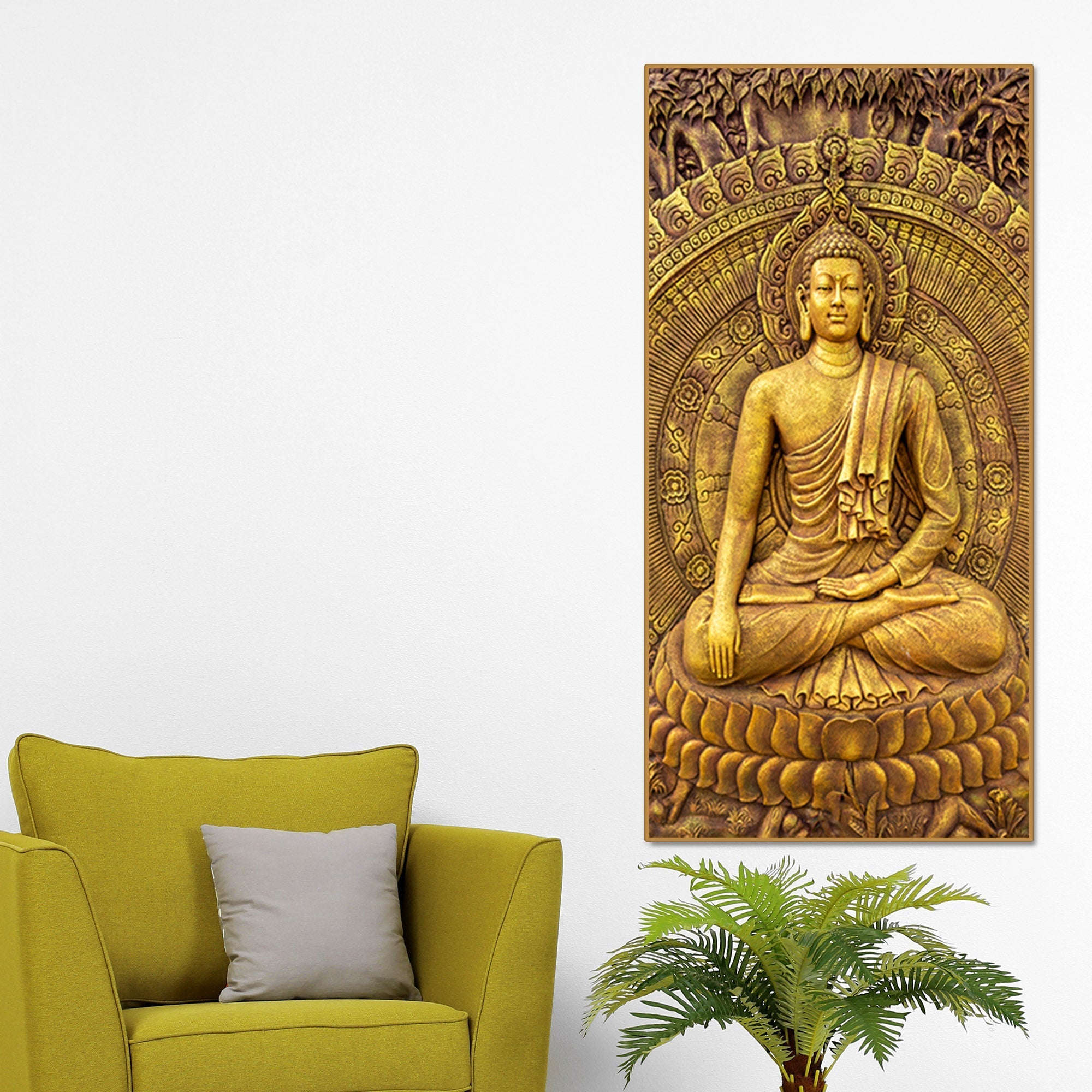 Golden Statue of Lord Gautam Buddha Canvas Wall Painting - Decor Smart