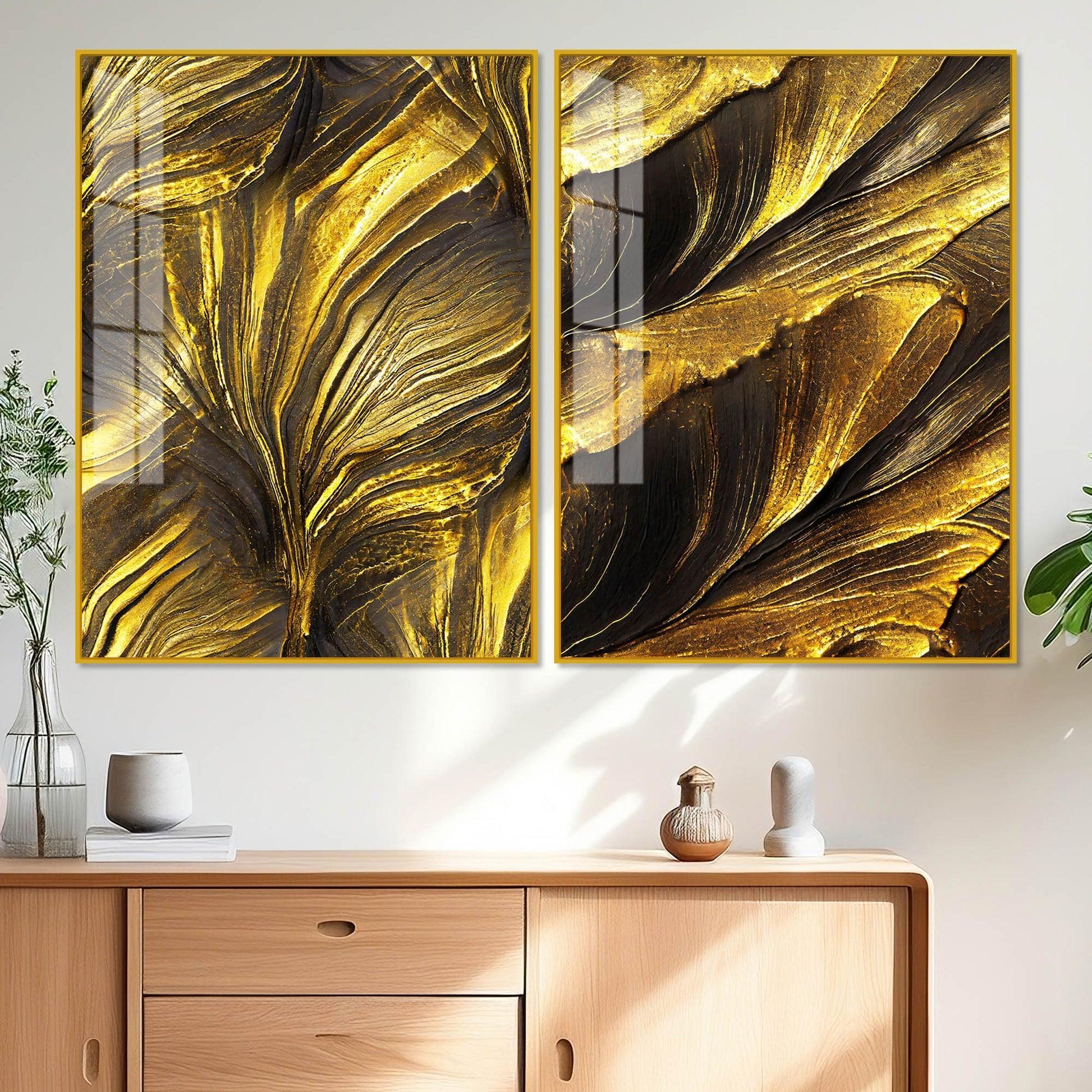 Golden Texture Acrylic Floating Wall Painting Set of 2 - Decor Smart