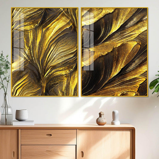 Golden Texture Acrylic Floating Wall Painting Set of 2 - Decor Smart