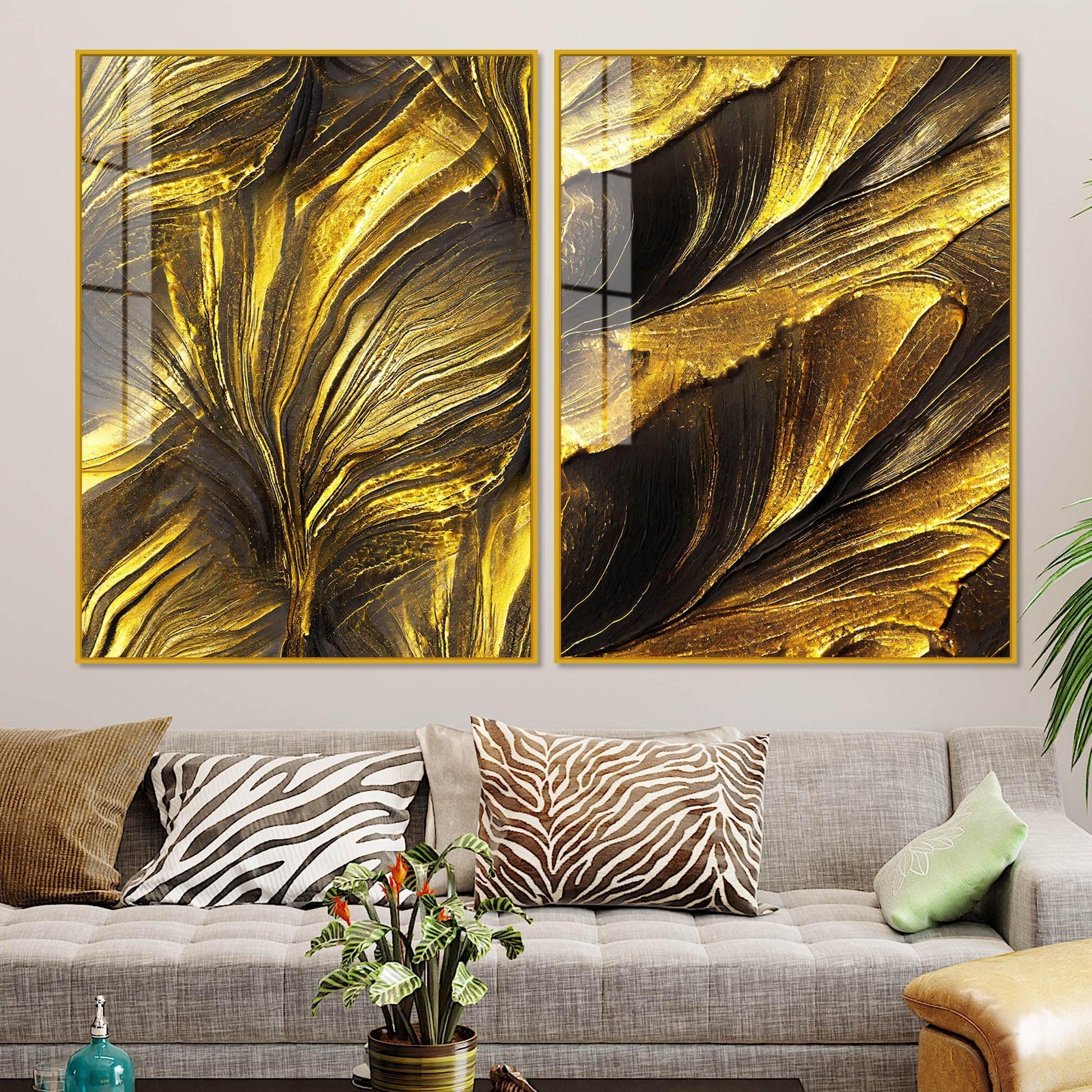 Golden Texture Acrylic Floating Wall Painting Set of 2 - Decor Smart