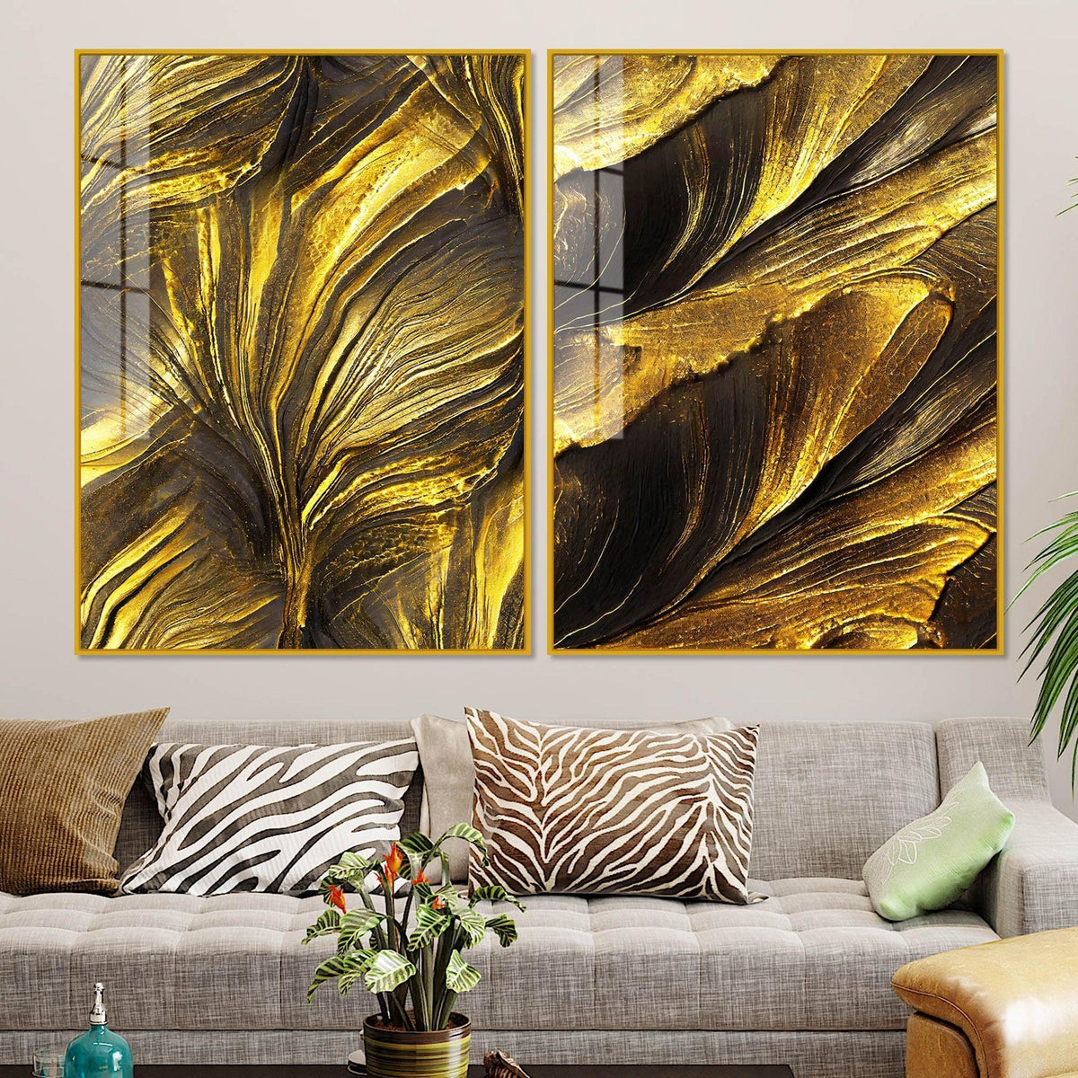 Golden Texture Acrylic Floating Wall Painting Set of 2 - Decor Smart