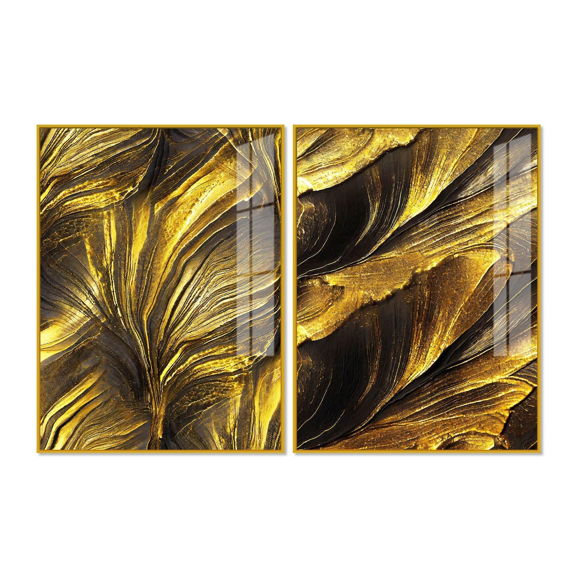 Golden Texture Acrylic Floating Wall Painting Set of 2 - Decor Smart