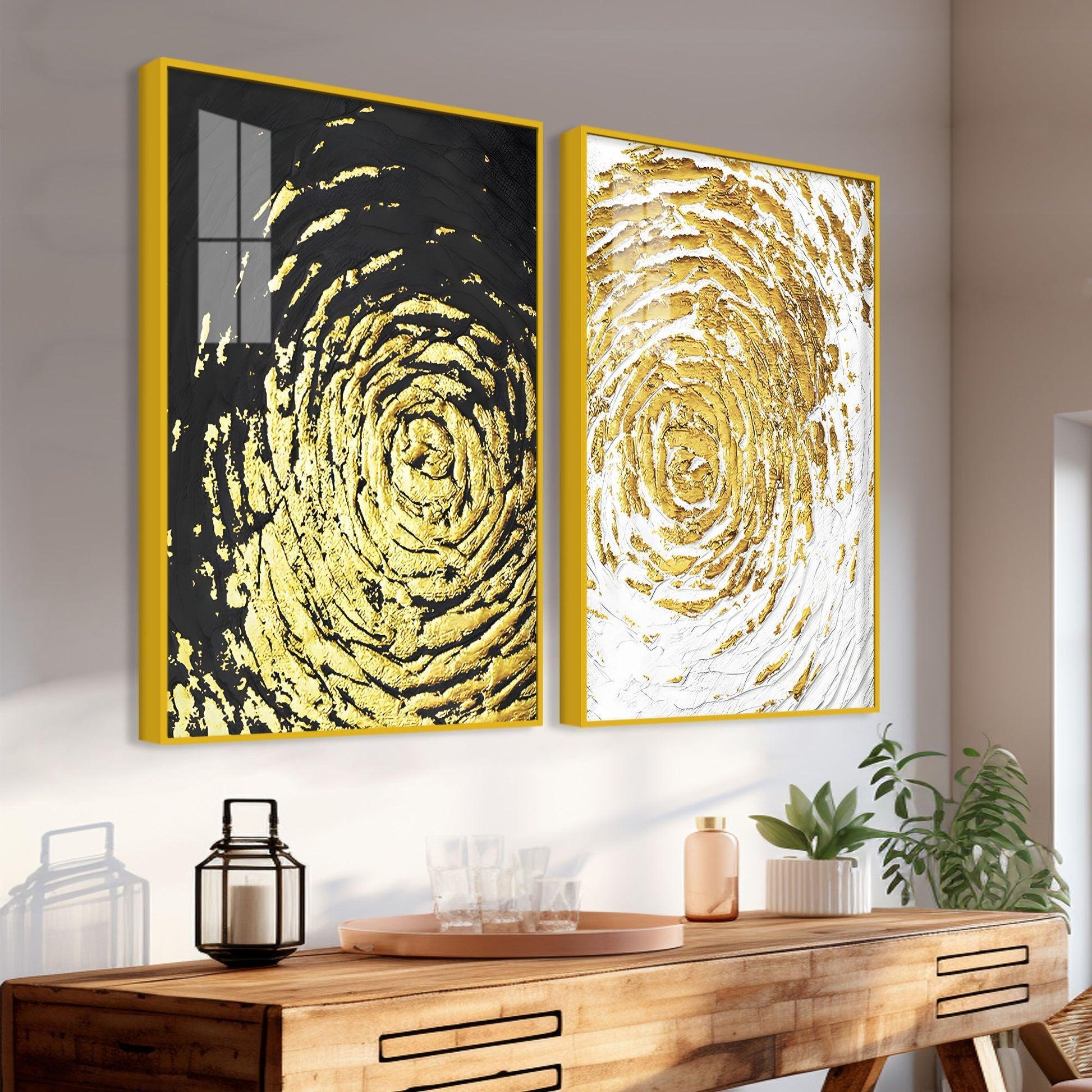 Golden Textured Acrylic Floating Wall Painting Set of 2 - Decor Smart
