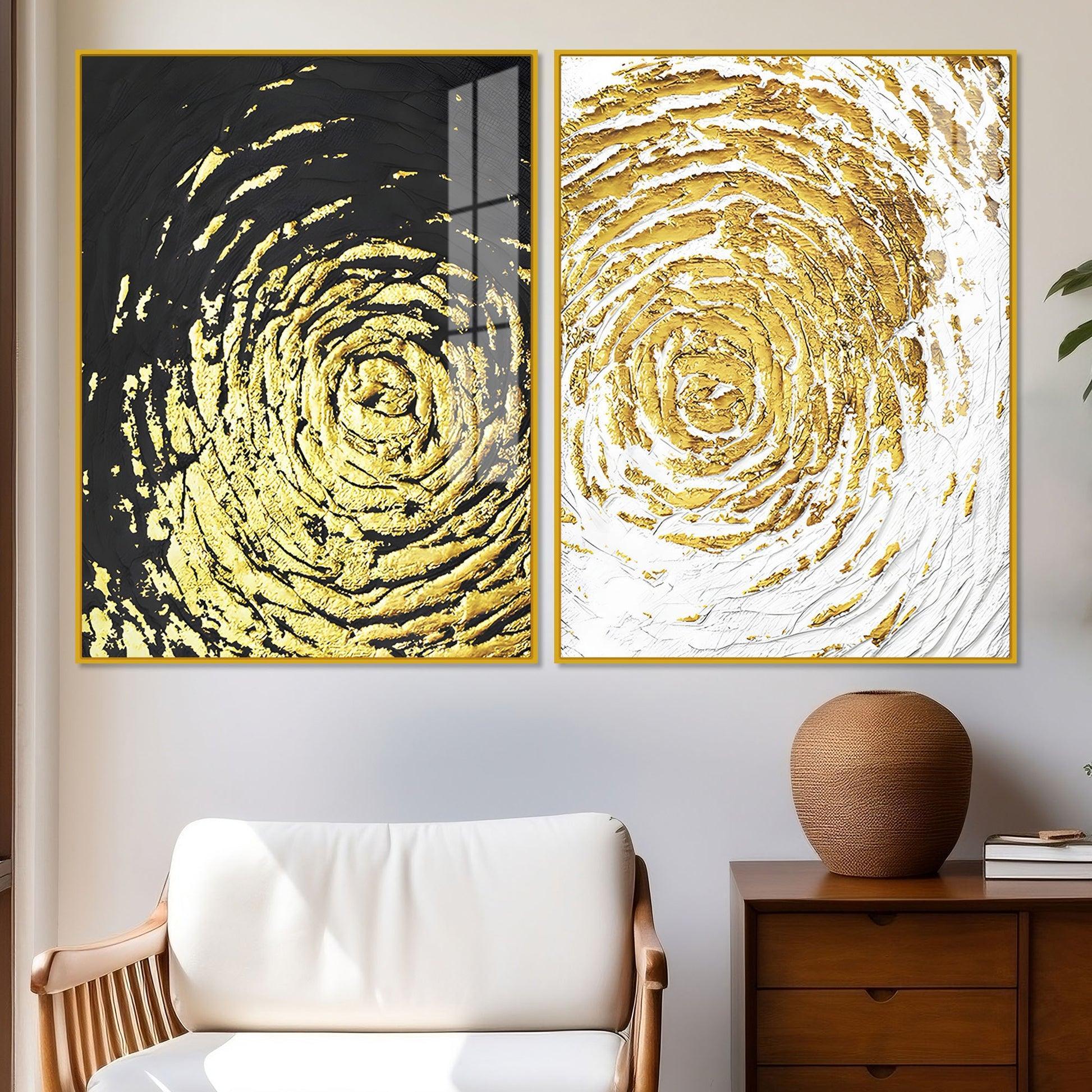 Golden Textured Acrylic Floating Wall Painting Set of 2 - Decor Smart