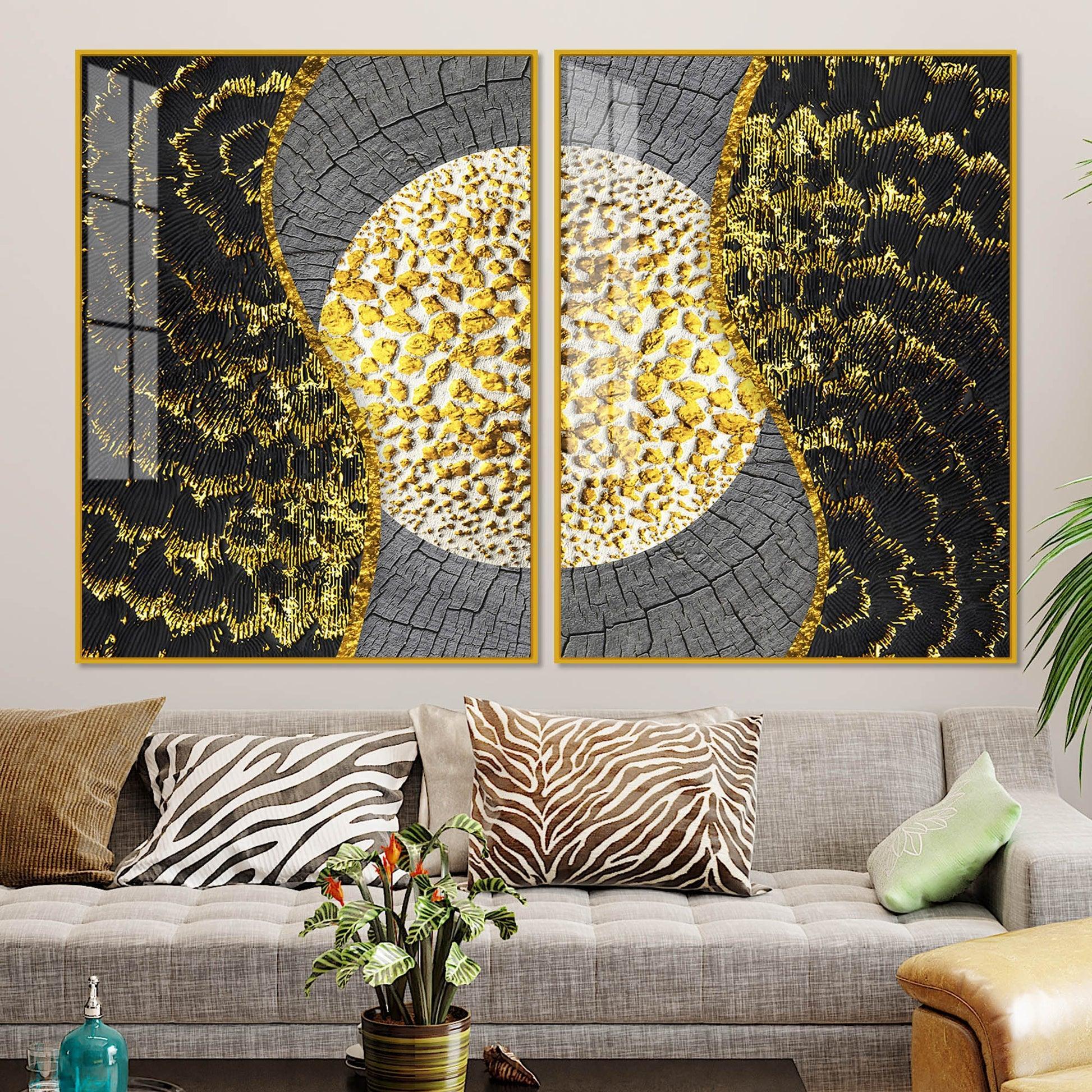 Golden Textured Pattern Acrylic Floating Wall Painting Set of 2 - Decor Smart