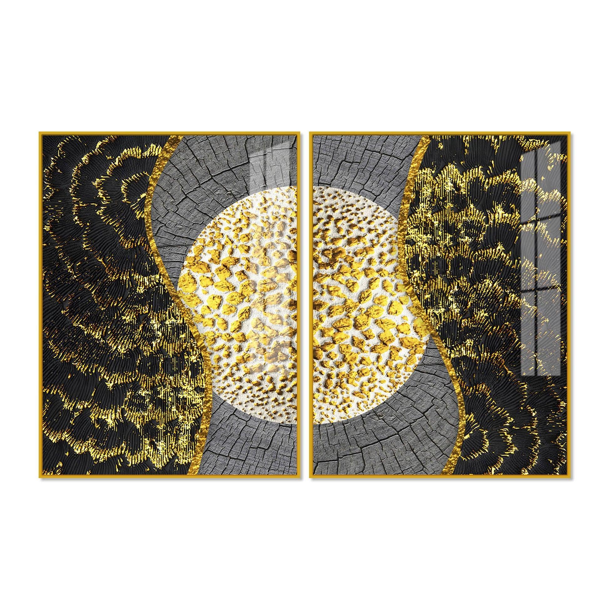 Golden Textured Pattern Acrylic Floating Wall Painting Set of 2 - Decor Smart