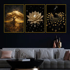 Golden Tree of Life, Divine Lotus & Royal Peacock Floating Frame Crystal Wall Painting Set of 3