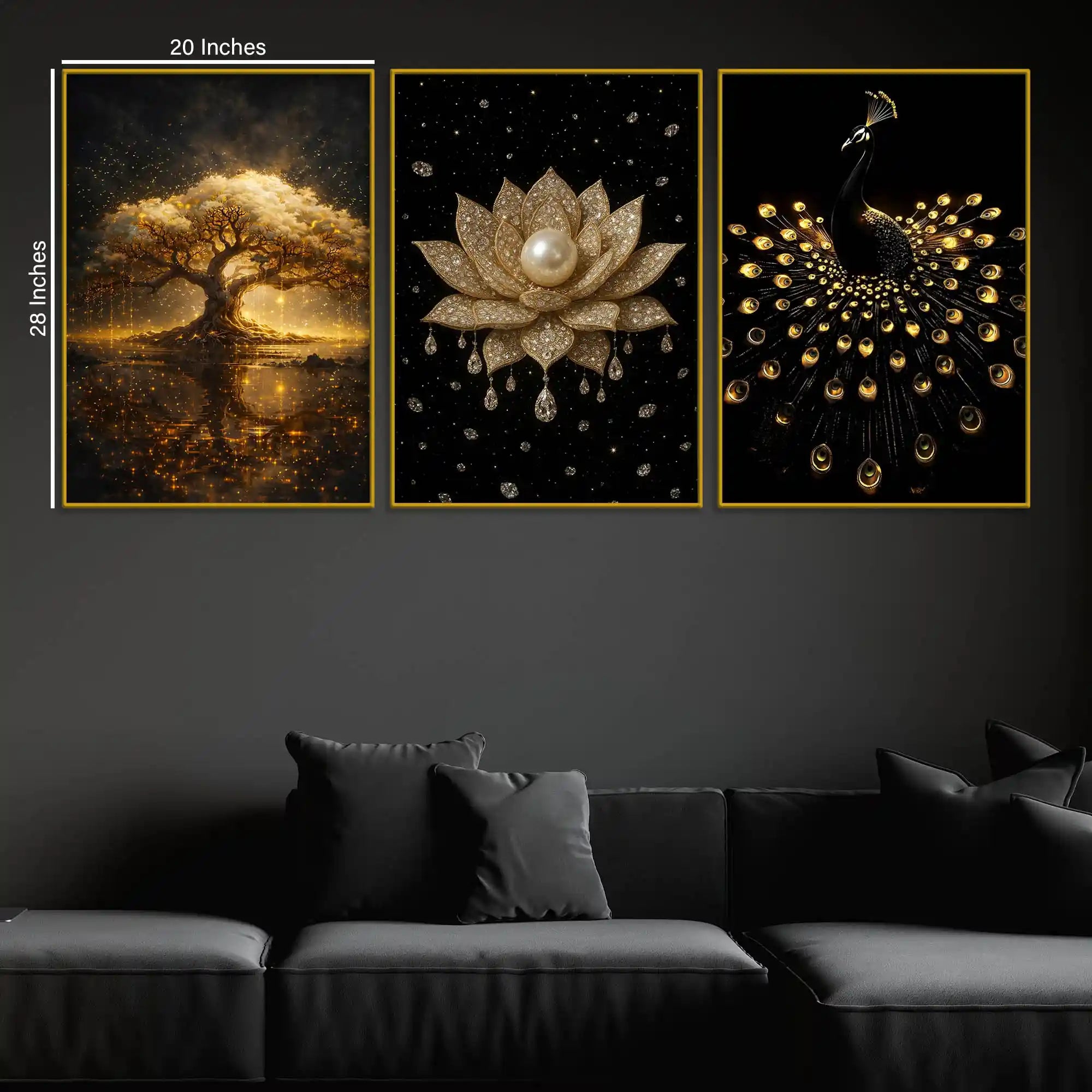 Golden Tree of Life, Divine Lotus & Royal Peacock Floating Frame Crystal Wall Painting Set of 3