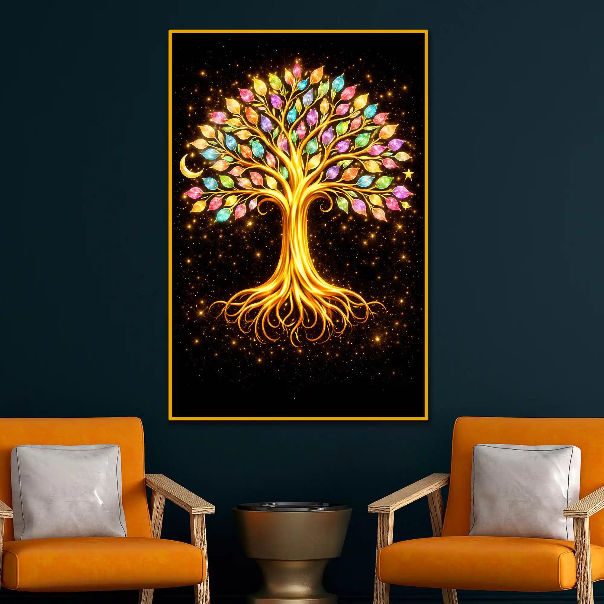 Golden Tree of Life with Vibrant Leaves Floating Frame Crystal Wall Painting