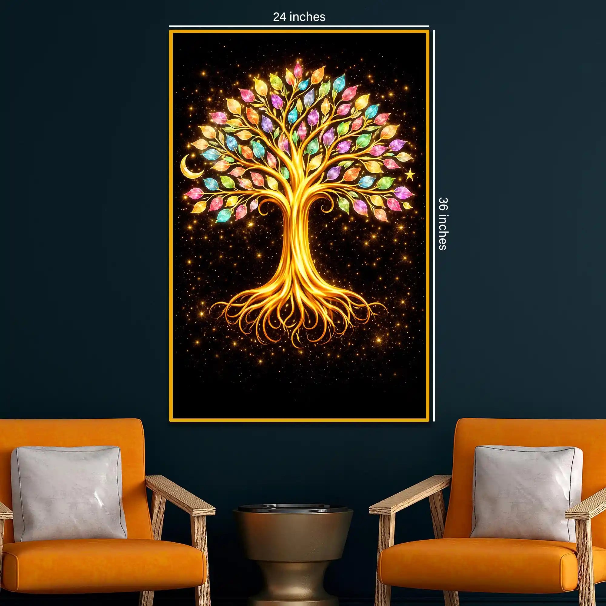 Golden Tree of Life with Vibrant Leaves Floating Frame Crystal Wall Painting