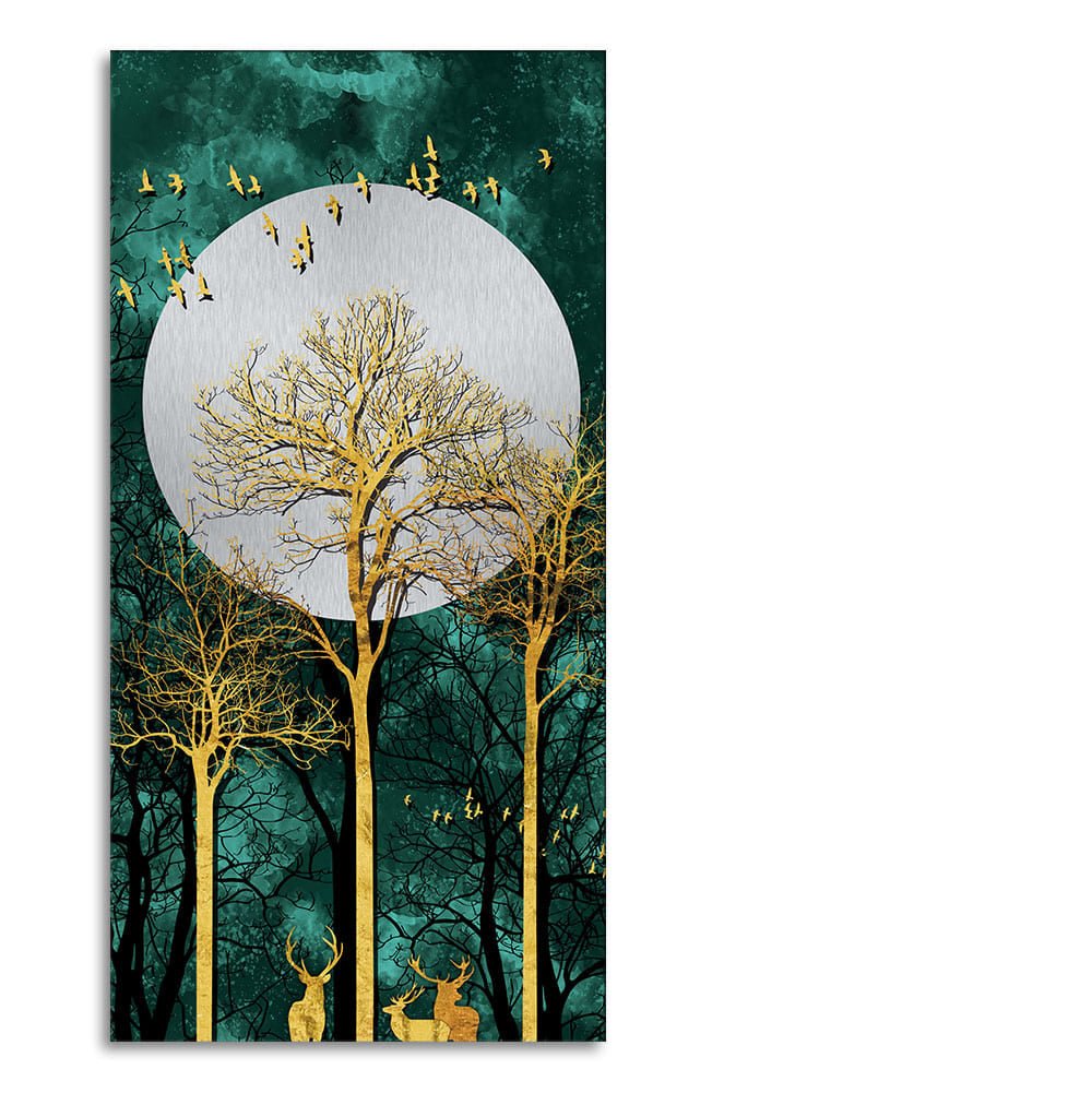 Golden Tree with Moon and Flying Birds Premium Canvas Wall Painting - Decor Smart