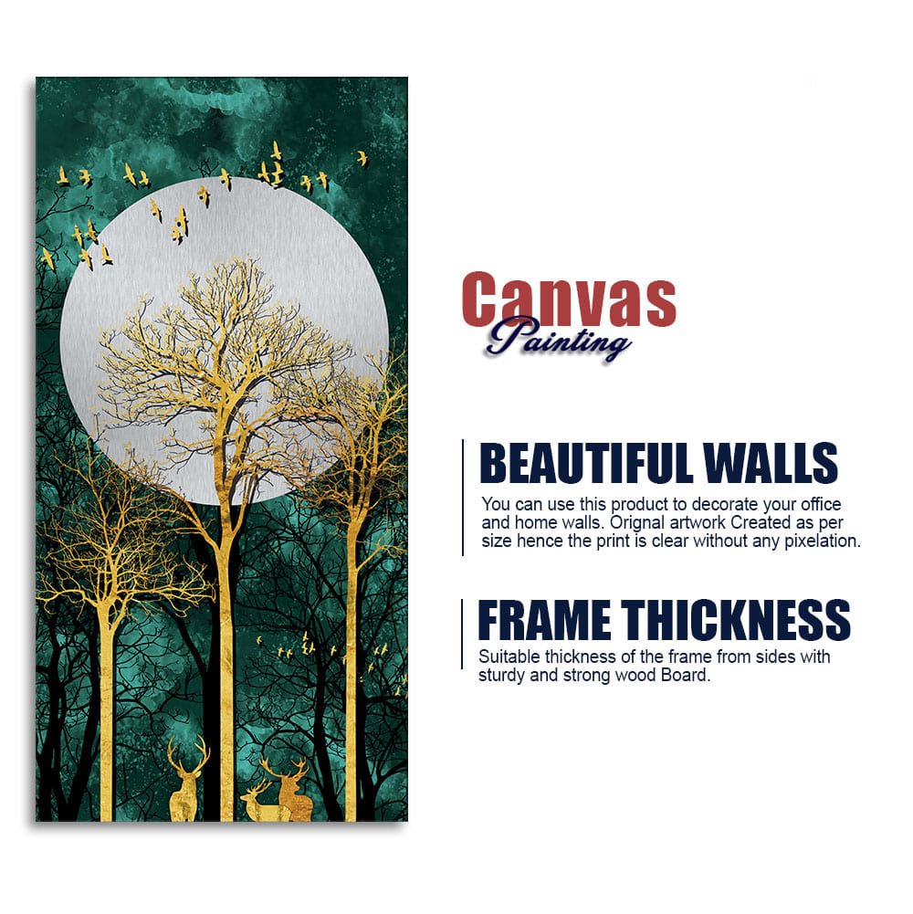 Golden Tree with Moon and Flying Birds Premium Canvas Wall Painting - Decor Smart