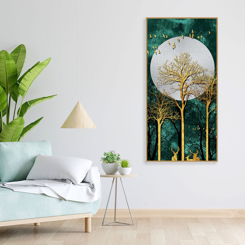 Golden Tree with Moon and Flying Birds Premium Canvas Wall Painting - Decor Smart