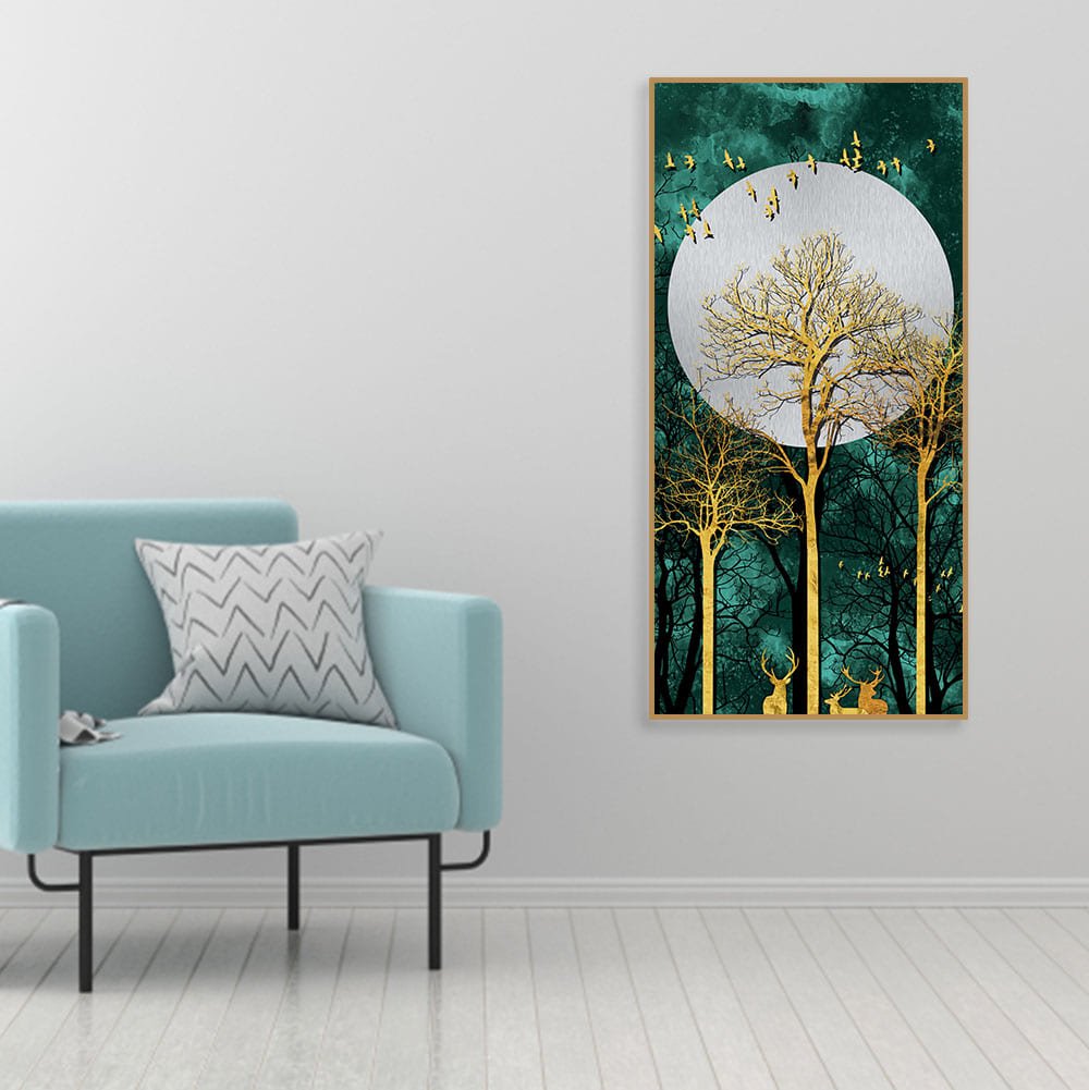 Golden Tree with Moon and Flying Birds Premium Canvas Wall Painting - Decor Smart