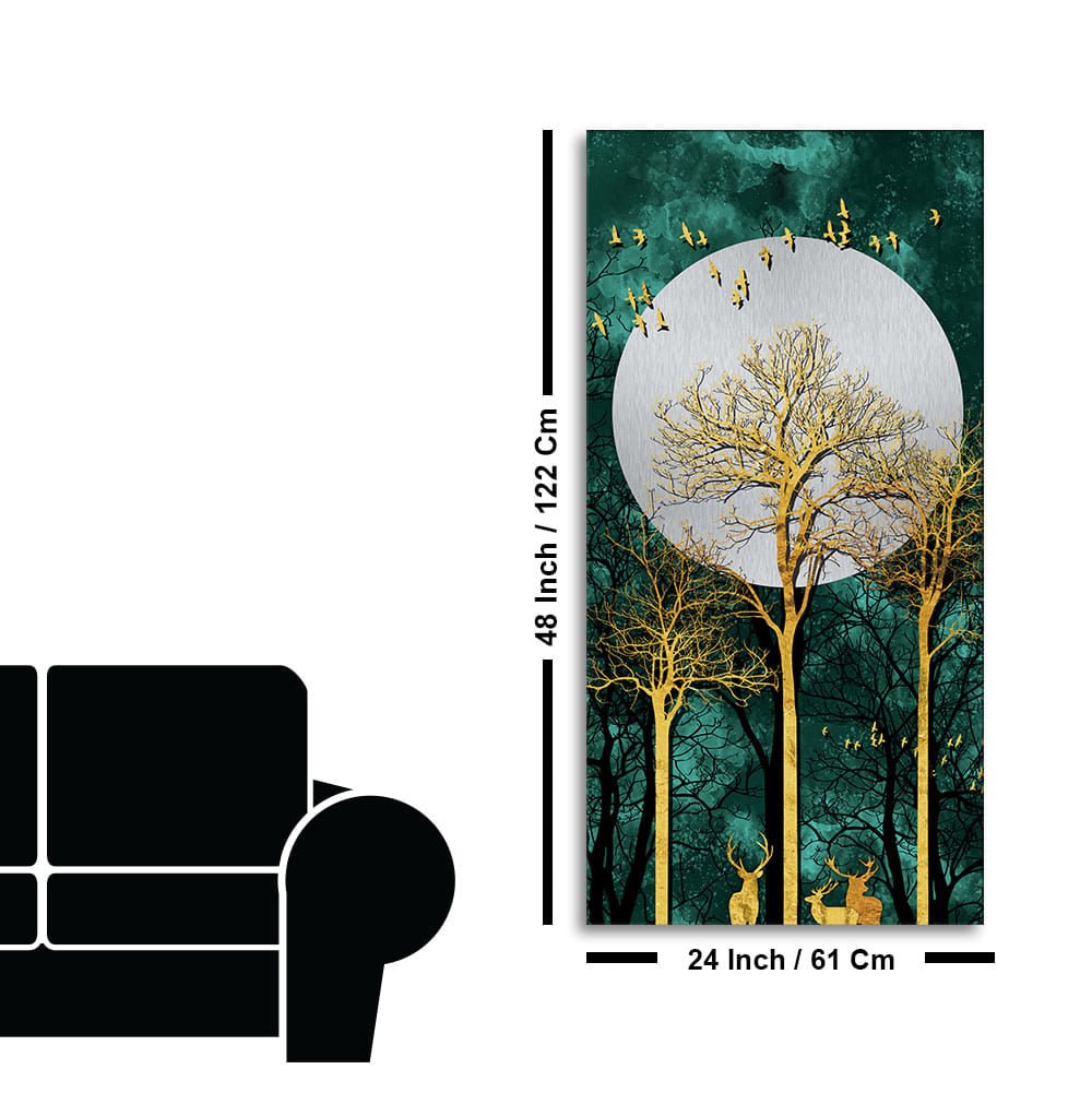 Golden Tree with Moon and Flying Birds Premium Canvas Wall Painting - Decor Smart