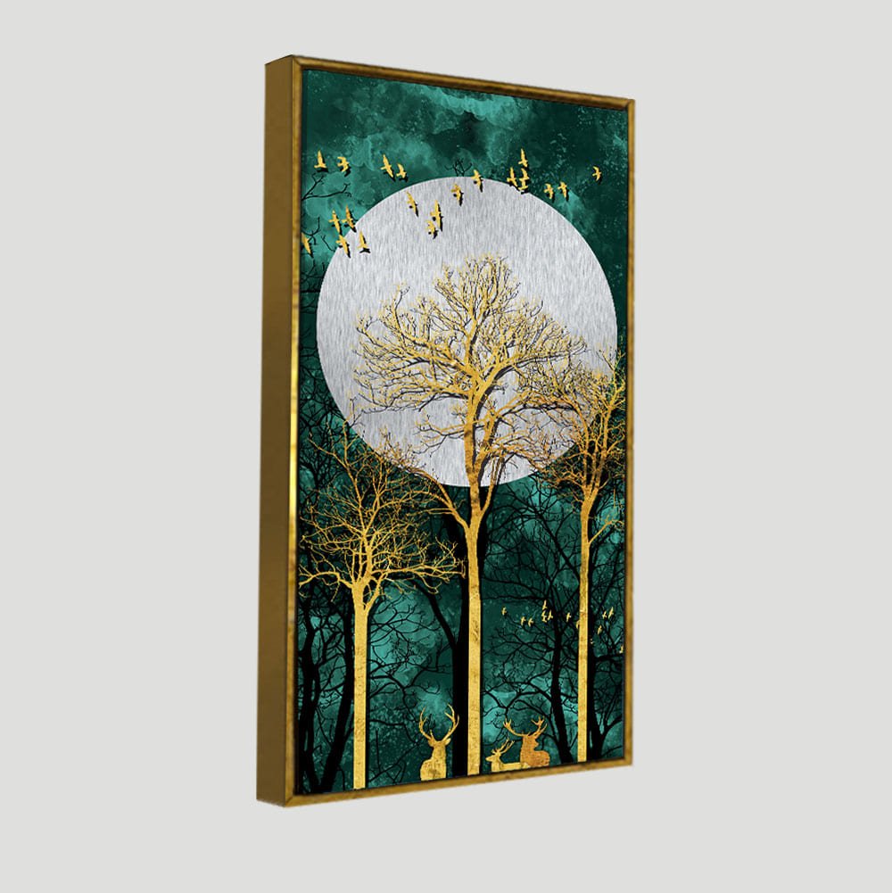 Golden Tree with Moon and Flying Birds Premium Canvas Wall Painting - Decor Smart