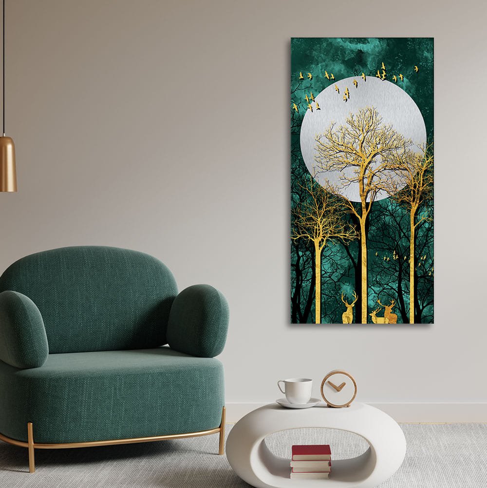 Golden Tree with Moon and Flying Birds Premium Canvas Wall Painting - Decor Smart