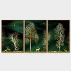 Golden Trees and Deer Modern Art Premium Floating Canvas Wall Painting Set of Three