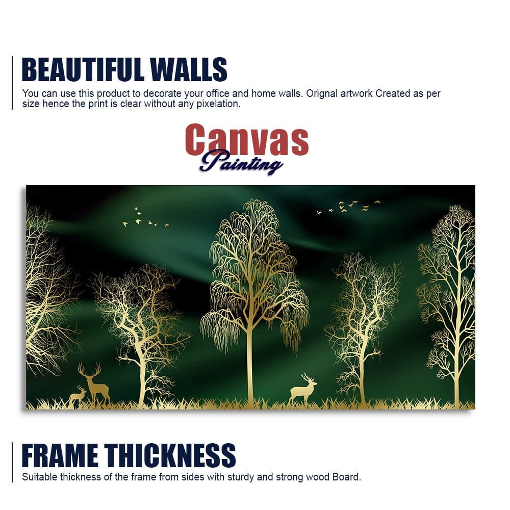 Golden Trees and Deer Modern Art Premium Wall Painting - Decor Smart