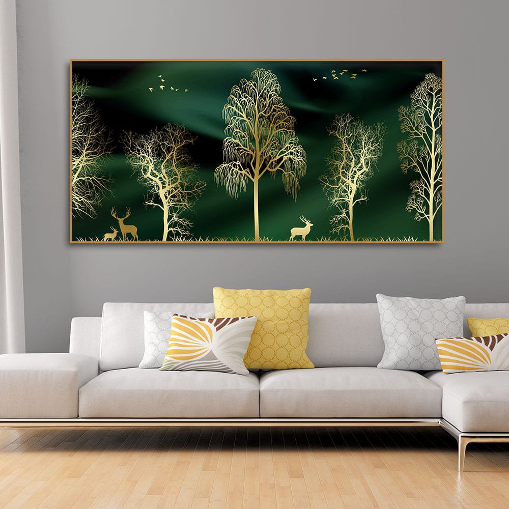 Golden Trees and Deer Modern Art Premium Wall Painting - Decor Smart