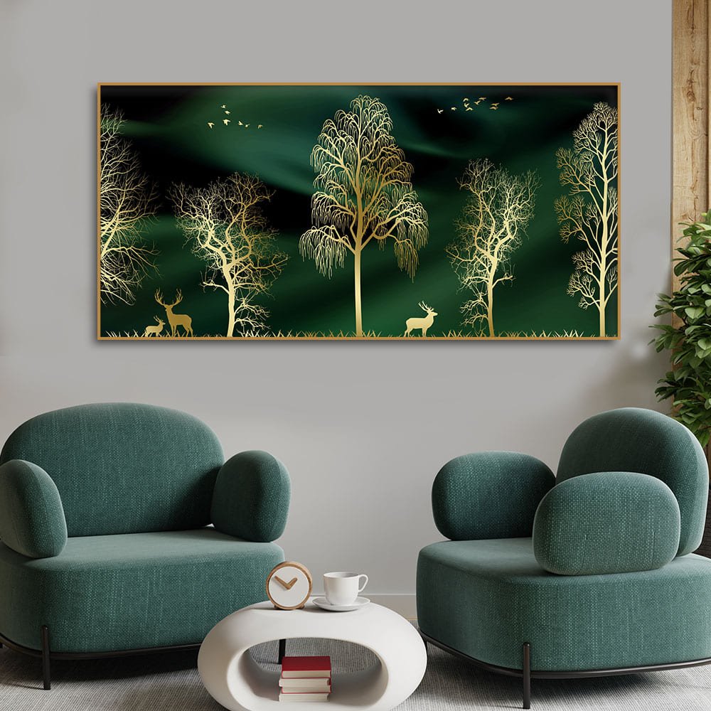 Golden Trees and Deer Modern Art Premium Wall Painting - Decor Smart