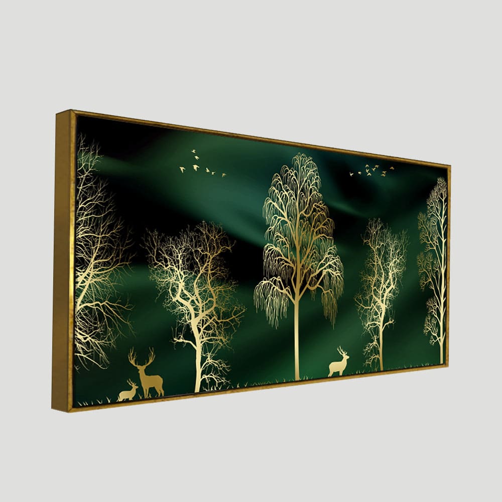 Golden Trees and Deer Modern Art Premium Wall Painting - Decor Smart