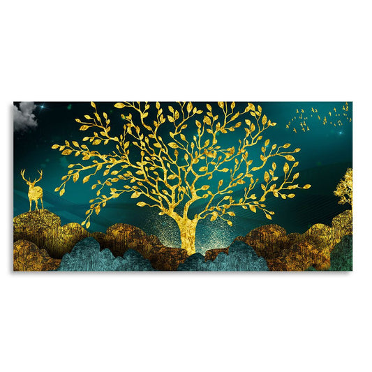 Golden Trees and Deer with Hills Premium Canvas Print Wall Painting - Decor Smart