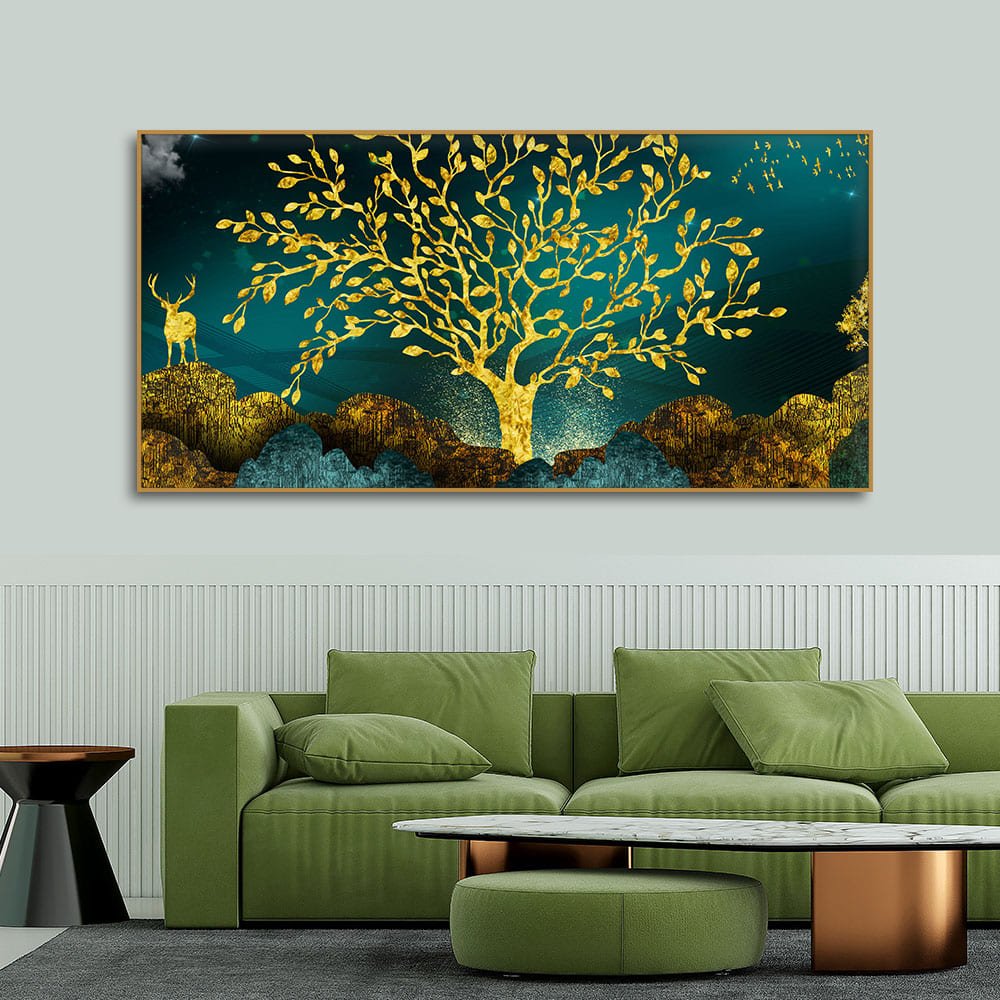 Golden Trees and Deer with Hills Premium Canvas Print Wall Painting - Decor Smart